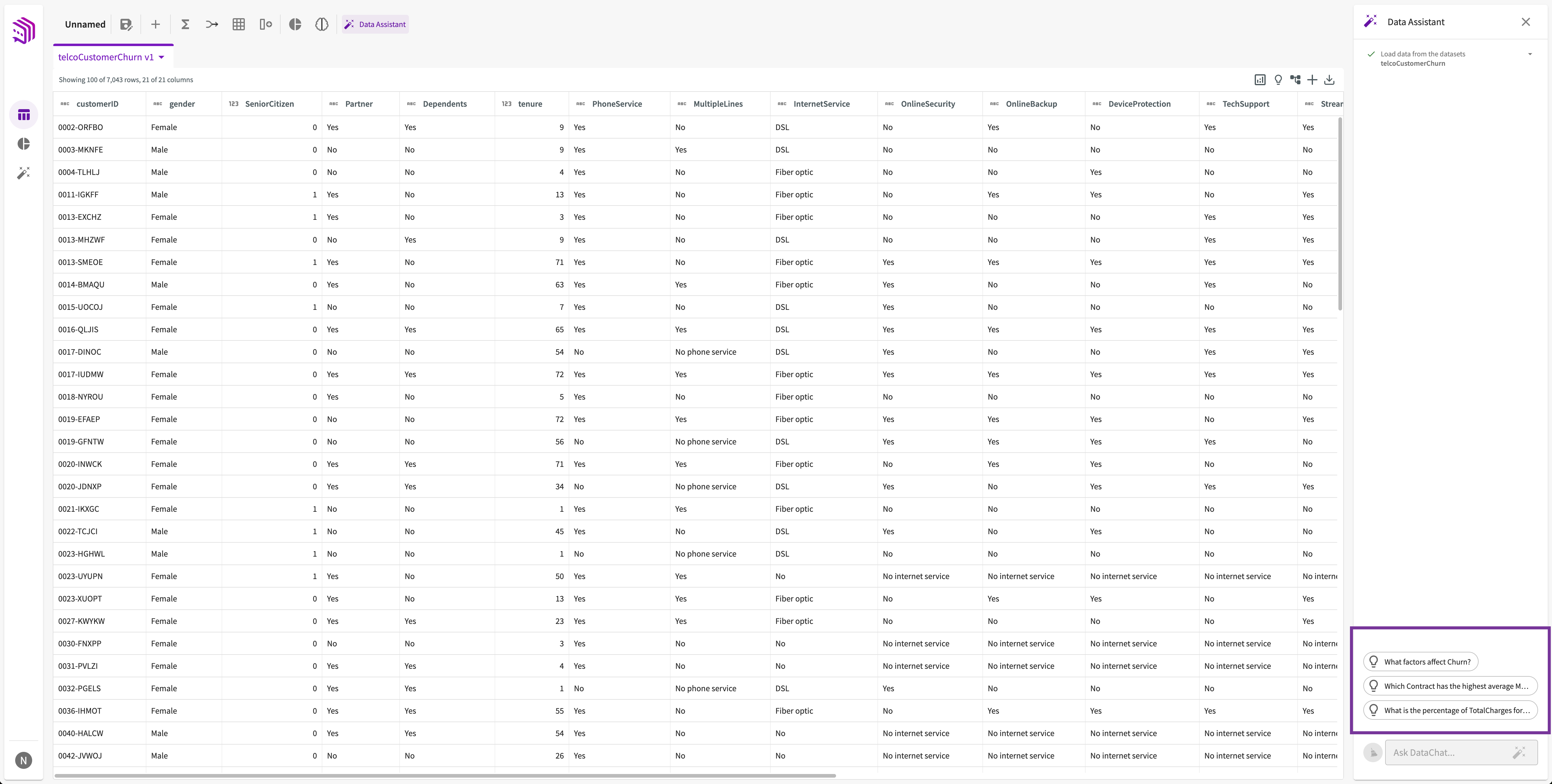 generated questions in the Data Assistant